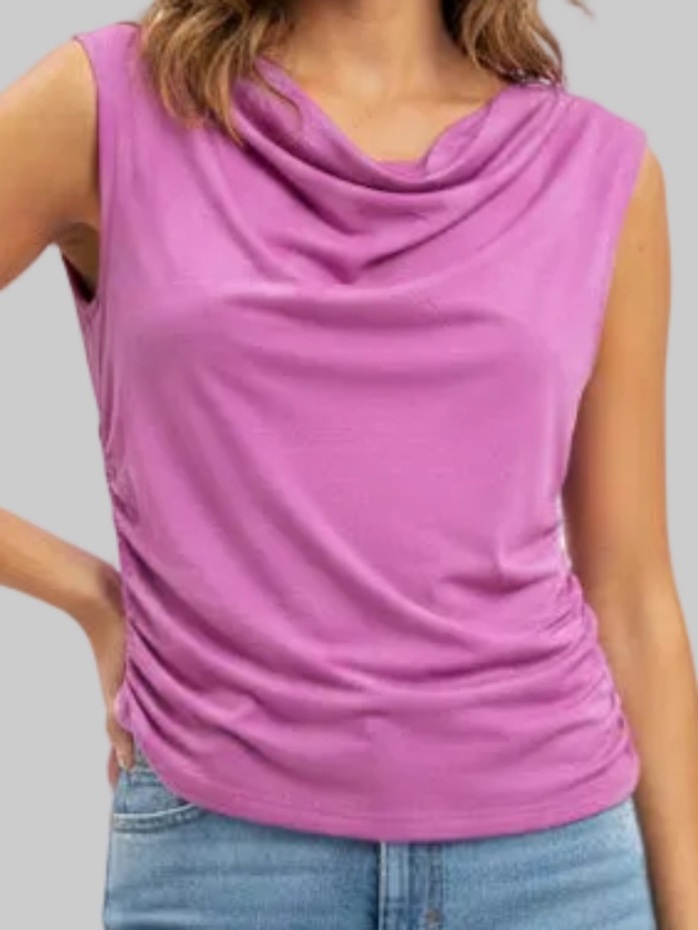 Zenana Lavender Double Layer Ruched Side Draped Cowl Neck Sleeveless Top - NWOT